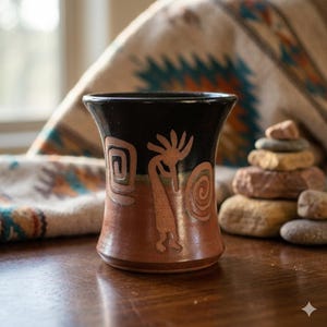 May include: A ceramic mug featuring a two-tone design with a black upper section and a terracotta lower section. The mug is decorated with an etched figure of a flute player flanked by two spiral patterns, showcasing a smooth, glazed finish.