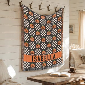 Manta tejida personalizada de Halloween, estilo retro vintage, con temática espeluznante, tapiz de calabaza vintage para Halloween, tapiz aterrador de Halloween.