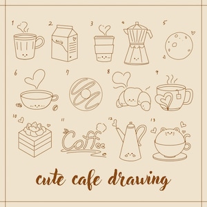 Hand Drawn Cafe Doodle, Whimsical Handdrawn Line Art Illustration, Cute Coffee & Pastry PNG, Kawaii Digital Download for Stickers,  Branding