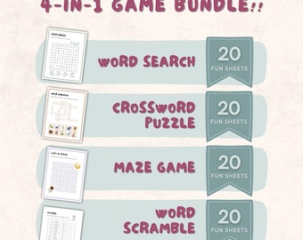 Kids Printable Puzzle Bundle | 80 Fun Pages | Word Search, Crossword, Maze and Word Scramble | Classroom, Homeschool & Party Activity Pack