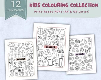 Kids Colouring Collection | 12 Cute Themes for Everyday Fun | Printable Colouring Pages for Home, Classroom & Parties