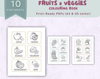 Kids Fruits & Veggies Coloring Book | 10 Cute Healthy Food Coloring Pages | Printable Early Learning Activity for Home and Classroom