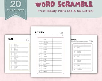 Kids Word Scramble Game | 20 Printable Spelling Worksheets | Early Learning Activity for Classroom, Homeschool & Parties