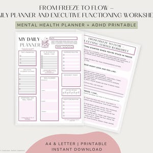 Puede incluir: Un planificador diario imprimible y una hoja de trabajo de funcionamiento ejecutivo con el texto "From Freeze to Flow". El planificador incluye secciones para prioridades, estado de ánimo, comidas e ingesta de agua. Diseñado para la salud mental y el TDAH.