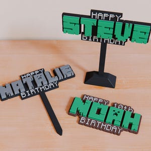 Custom 3D Cake Topper. Pixelated Video Game Style. For Birthdays or other occasions. Personalize with any name or text.