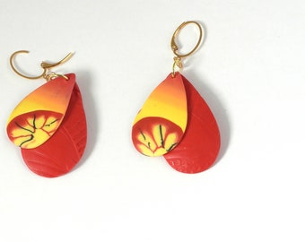 Teardrops of Red and Yellow Layered Floral Dangle Earrings