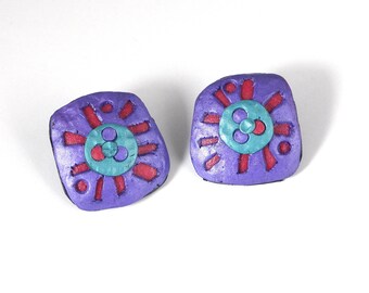 Stud Earrings -Almost Square Suns in Purple, Red, Teal