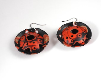 Unusual Domed Red and Black Dangle Earrings