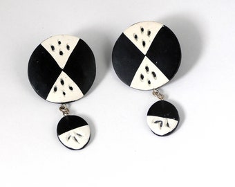 Black and White Carved Stud Earrings with a Dangle