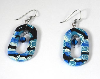 Blue Racetrack Earrings with Faceted Dangle and Pattern