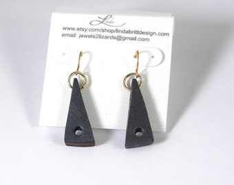 Layered Charcoal and Gold Triangular Dangle Earrings with a Hole