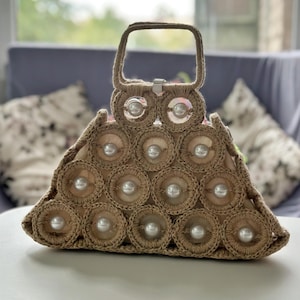 Handmade Jute Tote Bag | Crochet Everyday Purse with White Bead, Compact Woven Shoulder Bag