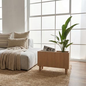 Plant Stand Narrow Nightstand Side Table with Magazine Rack – Japandi Style Minimalist Scandinavian Furniture.