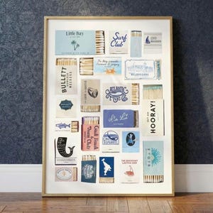 Coastal Matchbox Art Print | Preppy Blue and White Wall Decor | Vintage Nautical Matchbook Collage | Hamptons Style Bar Cart Art | Nantucket