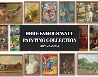 May include: A collection of framed wall art prints featuring various classic paintings. The collection includes a variety of styles and subjects, from portraits to landscapes. The text on the image reads "1000+ FAMOUS WALL PAINTING COLLECTION" and "LIFETIME ACCESS".