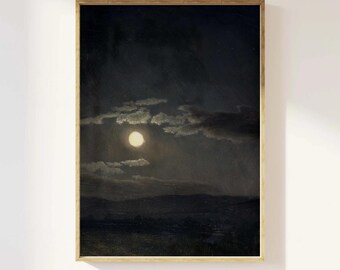 May include: A framed, vintage-style painting depicts a moonlit night scene. The artwork features a bright, full moon illuminating the dark sky and clouds. The landscape below is a dark silhouette, with the text "aksp hub" and "IF YOU LOVE IT PRINT IT" in the upper left corner.