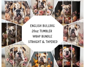 Engelse Bulldog Portret Bloem 20 oz Skinny Tumbler Sublimatie Design, Rechte & Taps toelopende Wrap, Tumbler, Tumbler Png, Instant Download