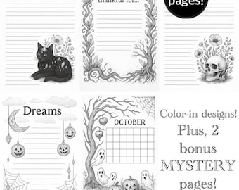 May include: Black and white Halloween printables with lined pages, a cat, skull, pumpkins, and the text "Instant download PDF". Includes "Color-in designs! Plus, 2 bonus MYSTERY pages!"