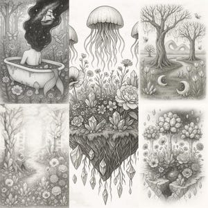 Surreal Crystal Forest Gem Coloring Pages: Fantasy Art - 5 Instantly Printable Designs (PDF Download) No Zipped Files
