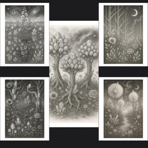 Surreal Grayscale Coloring - 5 Pages Gem Fantasy Theme - Instant Download PDF - No Zip Files