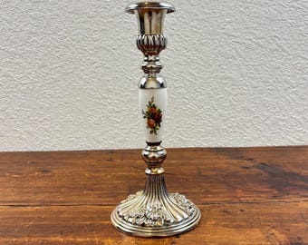 Vintage Royal Doulton Old Country Roses Candlestick, Silver Plated & Porcelain English Taper Candle Holder, 9.25 Inch