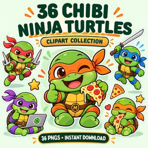 Chibi Ninja Turtle Clipart | Bundel van 40 PNG-stickers (direct te downloaden)