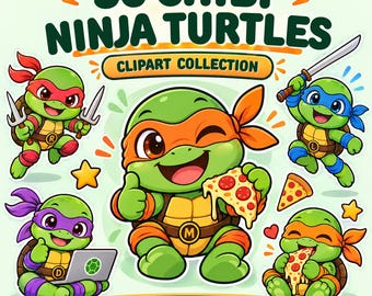 May include: A digital clipart collection featuring 36 chibi ninja turtles with green skin and colored masks. The graphic displays five turtle characters in various poses, including holding pizza, swords, and a laptop, with the text 36 CHIBI NINJA TURTLES.