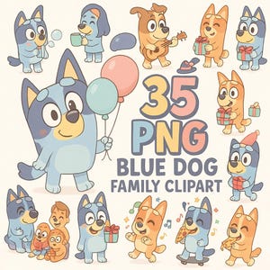 35 Cute Blue Dog Cartoon Clipart PNG Bundle | Puppy Family Birthday Party Stickers | Kids Animal Printable PNGs