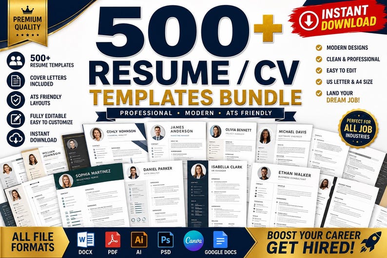 500+ ATS Friendly Resume CV Templates Bundle (digital Downlo…