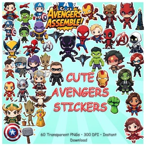60 Cute Avengers-Inspired Stickers | Chibi Superhero PNG Bundle | Kids Birthday Clipart, Printable Comic Art Pack