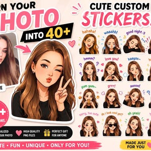Puede incluir: Un anuncio de servicio digital que muestra la transformación de una foto en un personaje de dibujos animados. El gráfico muestra más de 40 pegatinas personalizadas de una persona de pelo castaño con varias expresiones y texto como hahaha, love you.