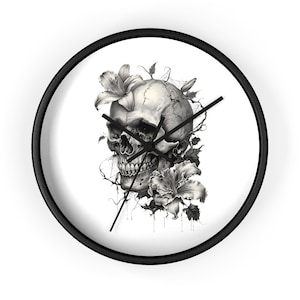 Skull Floral Wall Clock, Gothic Home Decor, Unique Gift for Halloween and Day of the Dead, Vintage Style Timepiece, Edgy Wall Art