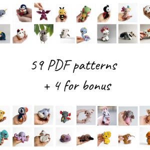 May include: A selection of handmade felt animal figurines, such as a narwhal, penguin, and toucan. The image includes the text "59 PDF patterns + 4 for bonus."
