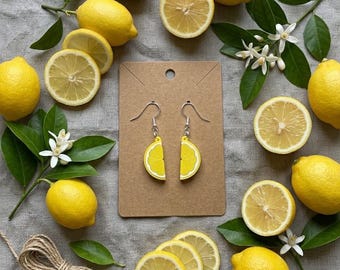 Small Lemon Slice Dangle Earrings Zesty Yellow Fruit Jewelry Gift