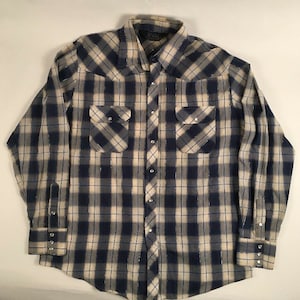 VINTAGE Van Cort Pearl Snap Shirt LG Blue Plaid Western Cowboy Mens ROCKABILLY