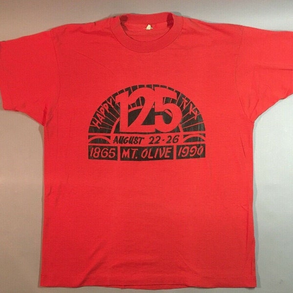 Vintage MT.OLIVE 125th ANNIVERSARY T Shirt  1990 Screen Stars Red Tourist Tee Large