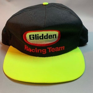 Vintage Glidden Racing Team Nylon Neon Yellow Black Snap Back Hat Made In USA