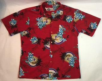 Vintage 1960s 70s Hilo Hattie Hawaiian Button Shirt sz Large Made Hawaii Red