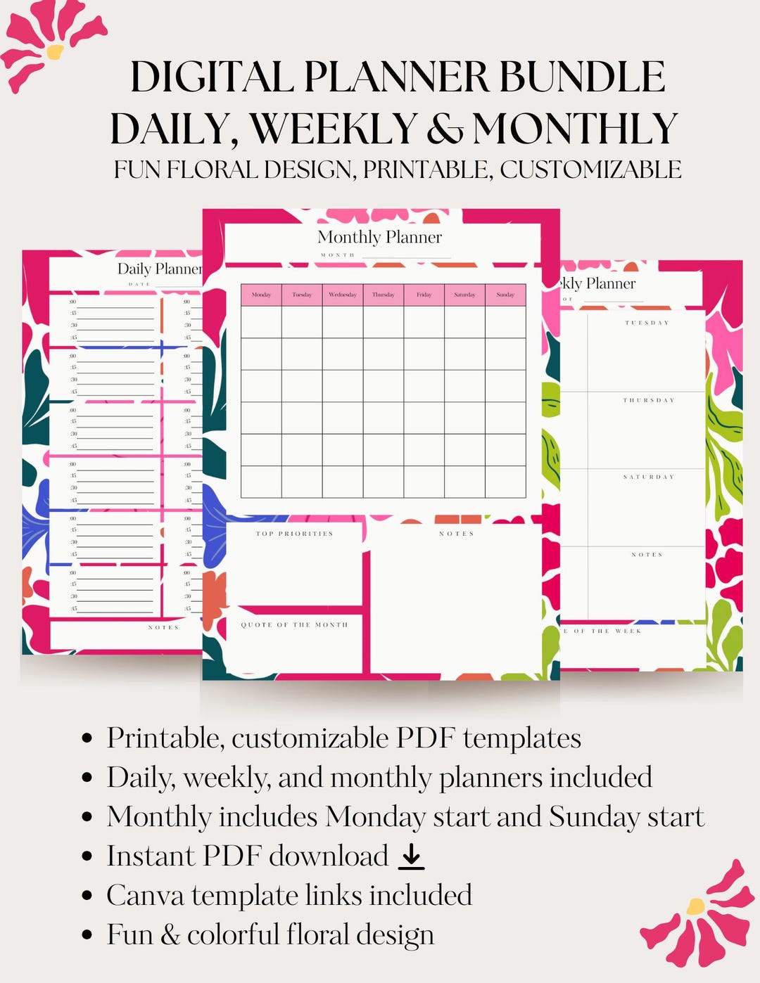 Colorful Printable Planner Bundle | Daily, Weekly & Monthly | Time ...