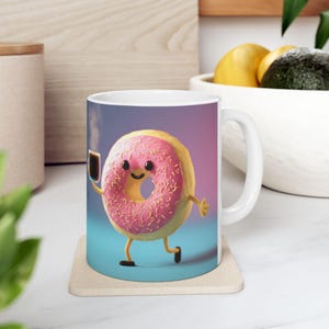 Kubek Donut | Zabawny kubek do kawy, prezent urodzinowy, prezent świąteczny, zabawne jedzenie, kreskówka o jedzeniu, kubek do herbaty, dekoracja śniadaniowa, dekoracja kuchni