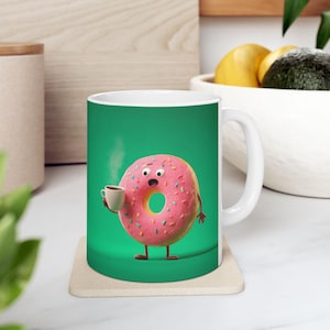 Taza de dona de fresa, linda taza de café, artículos para beber divertidos, regalo para amantes de la comida, decoración de cocina, taza de té, caricatura de comida, taza divertida, taza de dona