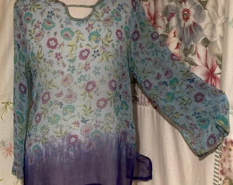 MEDIUM, Silk Turquoise Lightweight Semisheer Blouse with Tiny Sequins