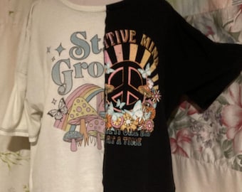 TALLA ABIERTA, divertida camiseta bohemia de patchwork en blanco y negro con estampado de paz