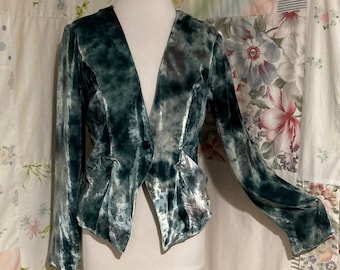 SMALL, SILK VELVET Very Soft Bohemian Flowerchild Boho Green Tie Dyed Lined Jacket with Pockets