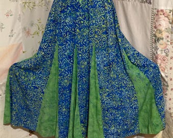 MEDIUM, Patchwork Batik Blue Green Long Full Skirt