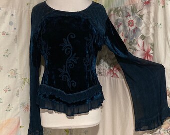 SMALL/MEDIUM Soft Embroidered Ruffled Bohemian Hippie Flowerchild Boho Midnight Blue Blouse