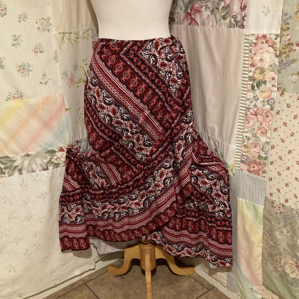 OPEN SIZE,  Wrap Around Bohemian Boho Hippie Long Red Pink Skirt with Large Ruffle