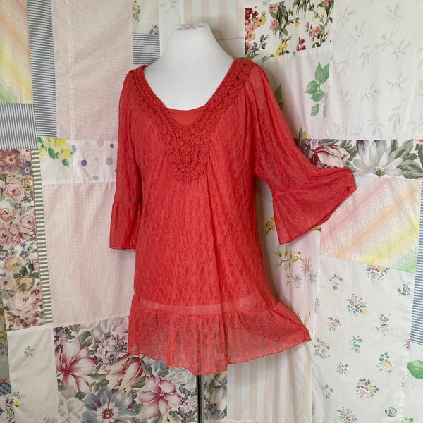 MEDIUM Blouse Lace Stretchy Boho Hippie Flowerchild Bohemian Orange Top over Matching Tank Top