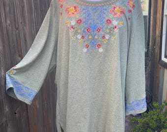 Top bohemio de algodón suave y ligero, color verde salvia, talla extragrande (2X), bordado.