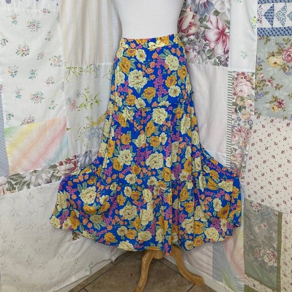 EXTRA LARGE, Tiered Boho Hippie Flowerchild  Blue Yellow Pink Green Long Full 40 inch Waist Skirt